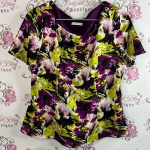 Jacques vert tshirt tee shiny Vibrant Floral Women's Blouse in Purple and Yellow